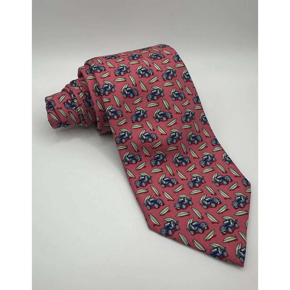 Vineyard Vines Mens Tie 100% Silk Pink with Blue Jeeps and Surf‎ Boards